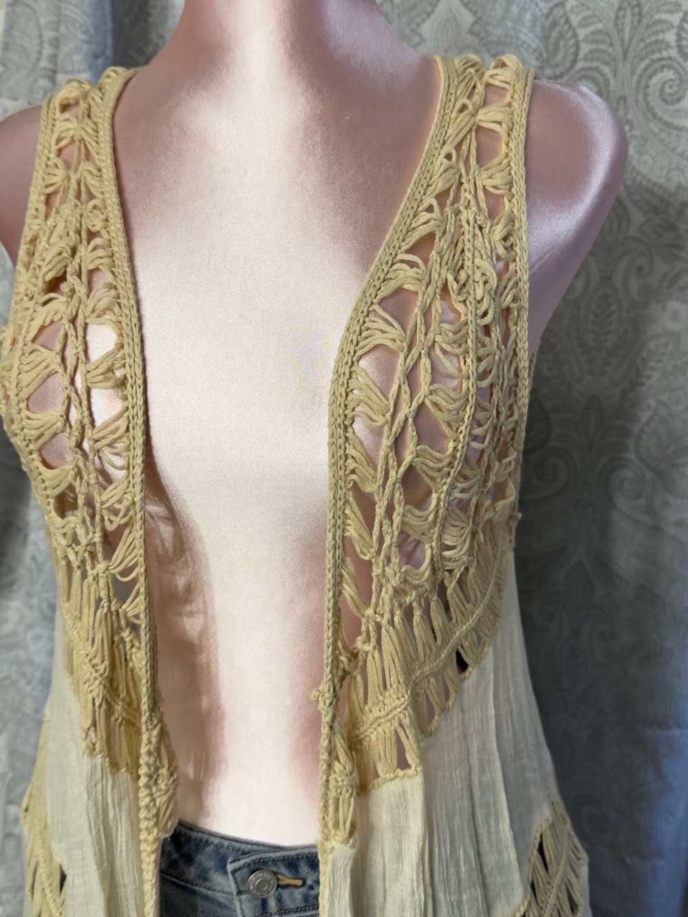 Dreamers Cream Crochet-Trim Sleeveless Long Vest - Picture 2 of 7